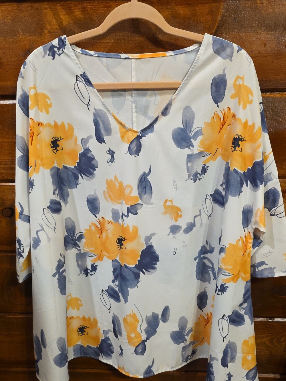 Women's Floral V-Neck Blouse in White, Yellow & Blue